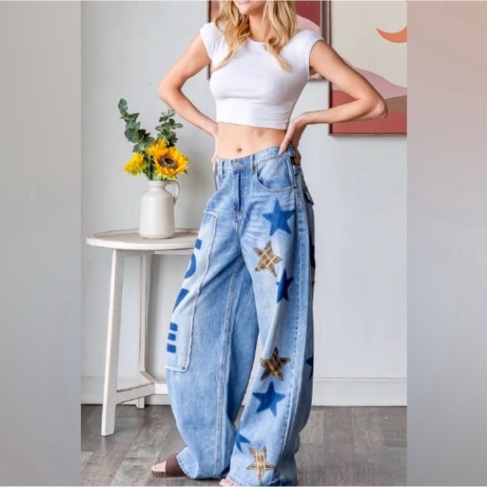 Oli & Hali Love + Stars Patchwork Baggy Jeans | Distressed Denim Pants - Picture 8 of 10